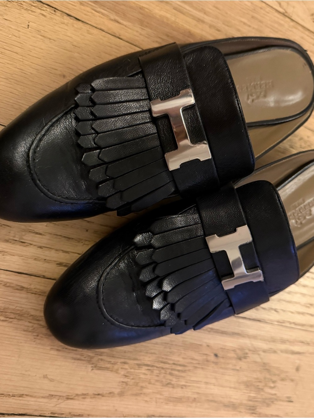 Hermes Black Leather Fringe Loafers with Silver Hardware - Picture 2 of 8